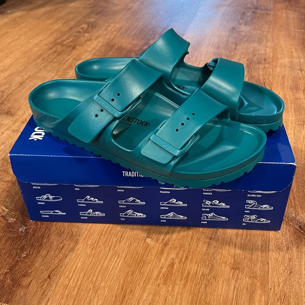 Birkenstock Arizona EVA slides in Lake Green. Size 41 Narrow. New in box!
